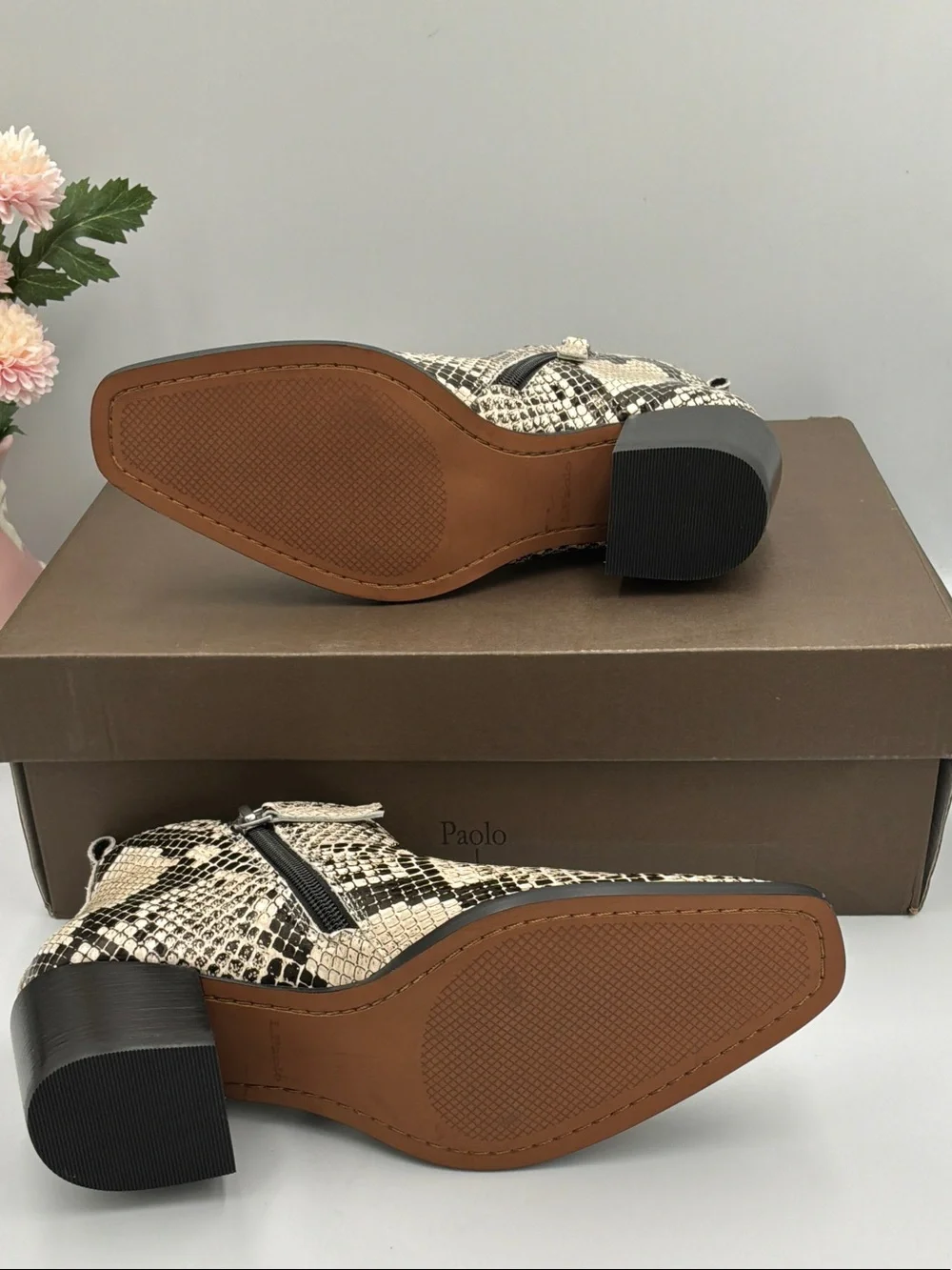 Paolo Snake-Print Ankle Booties in Beige and Black